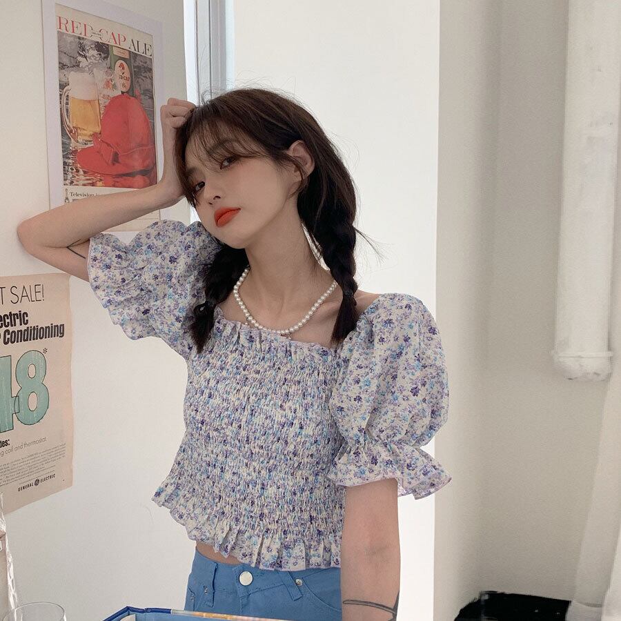 スリーブフローラルシャツ サマーショートクロップトップ トップス 夏物 花柄 スクウェア モンロー21328300570