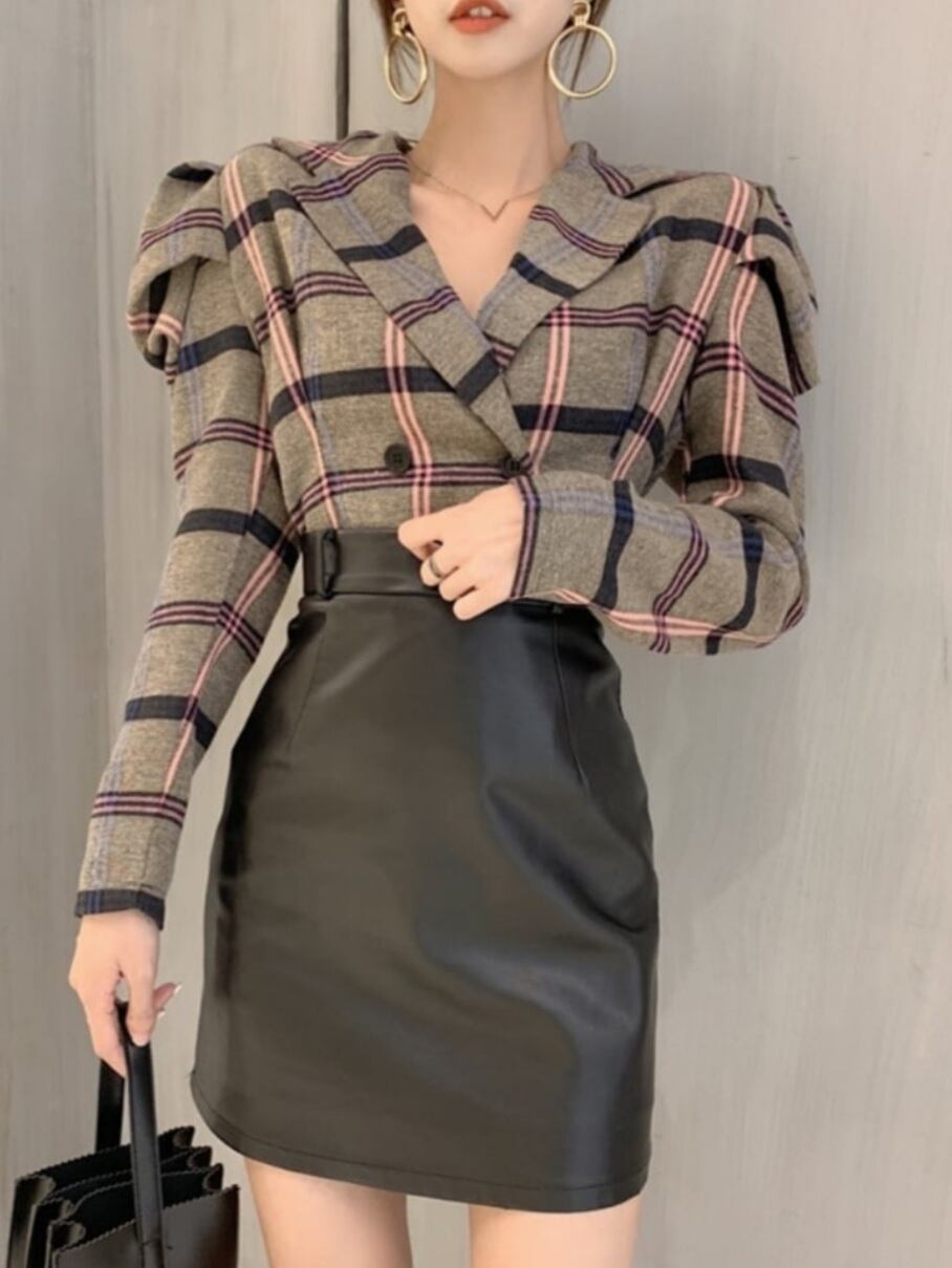 V-neck Colorful Check Blouse《 即日発送 》