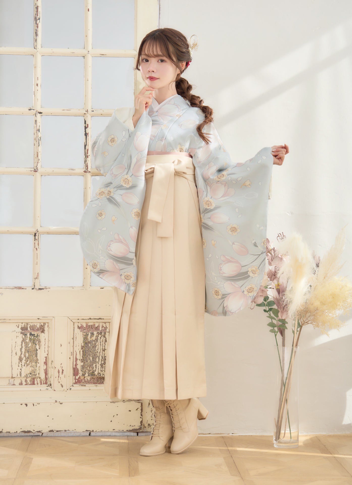 袴4点set】灰縹色に散る桜チューリップ91IV | ANDESIR【アンデジール