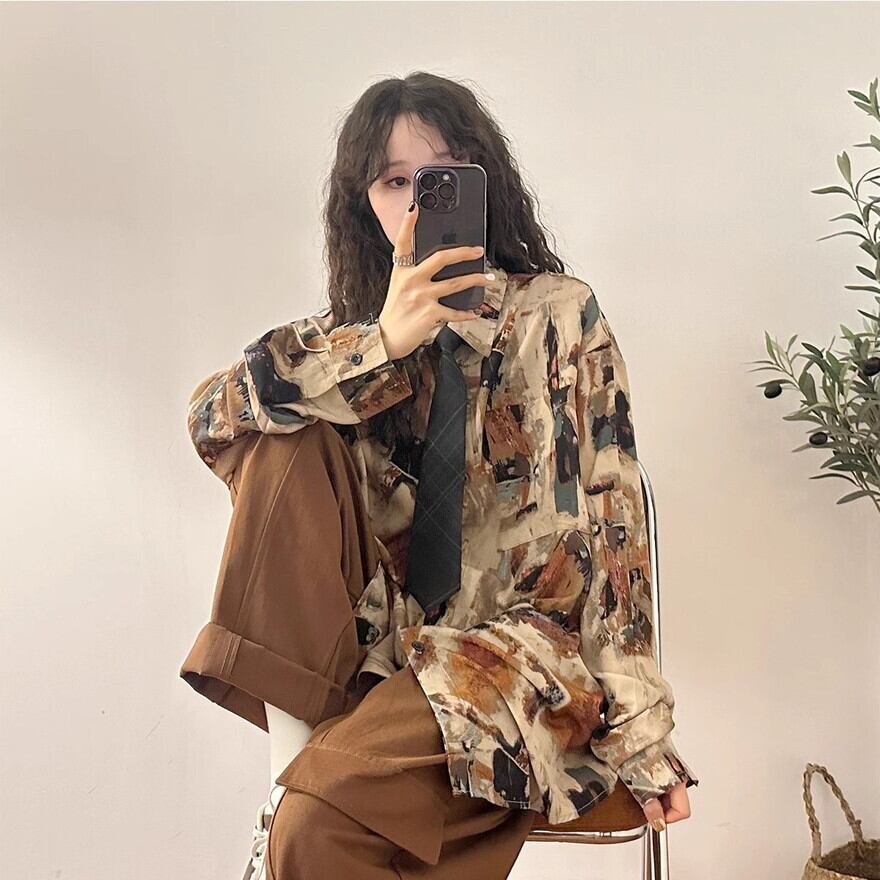 サブカル 服 地雷系 通販 アメカジ 油絵風 長袖シャツ ネクタイ付き ヴィンテージ風