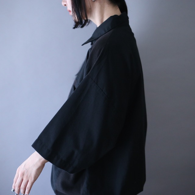 different material switching design black one-tone over silhouette shirt pullover