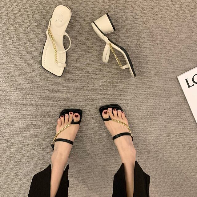 サンダル レディース シューズ 靴 おしゃれ かっこいい かわいい チェーン ハイヒール シンプル ブラック/アプリコット 22.5cm/23cm/23.5cm/24cm/24.5cm