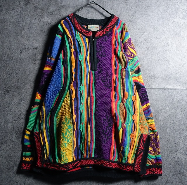 90s “COOGI” Multicolor 3D Pattern Design Half-Zip Cotton Knit