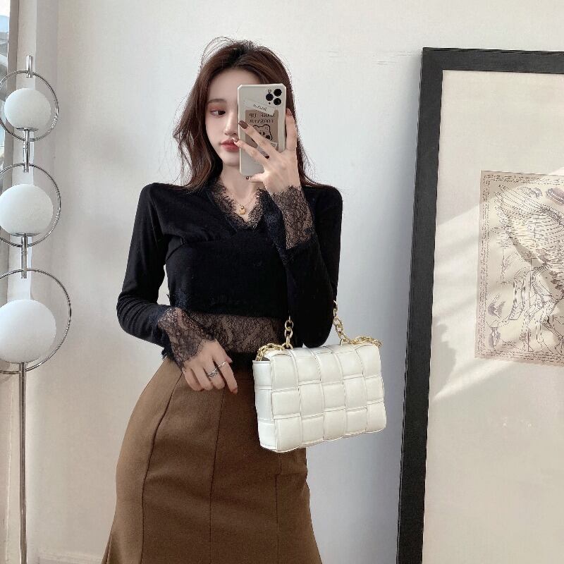 Tシャツ シャツ レーススリーブショートブラックトップス オータムウィンター ロング 秋物 冬物 ステッチ ブラックストロベリース41044348991