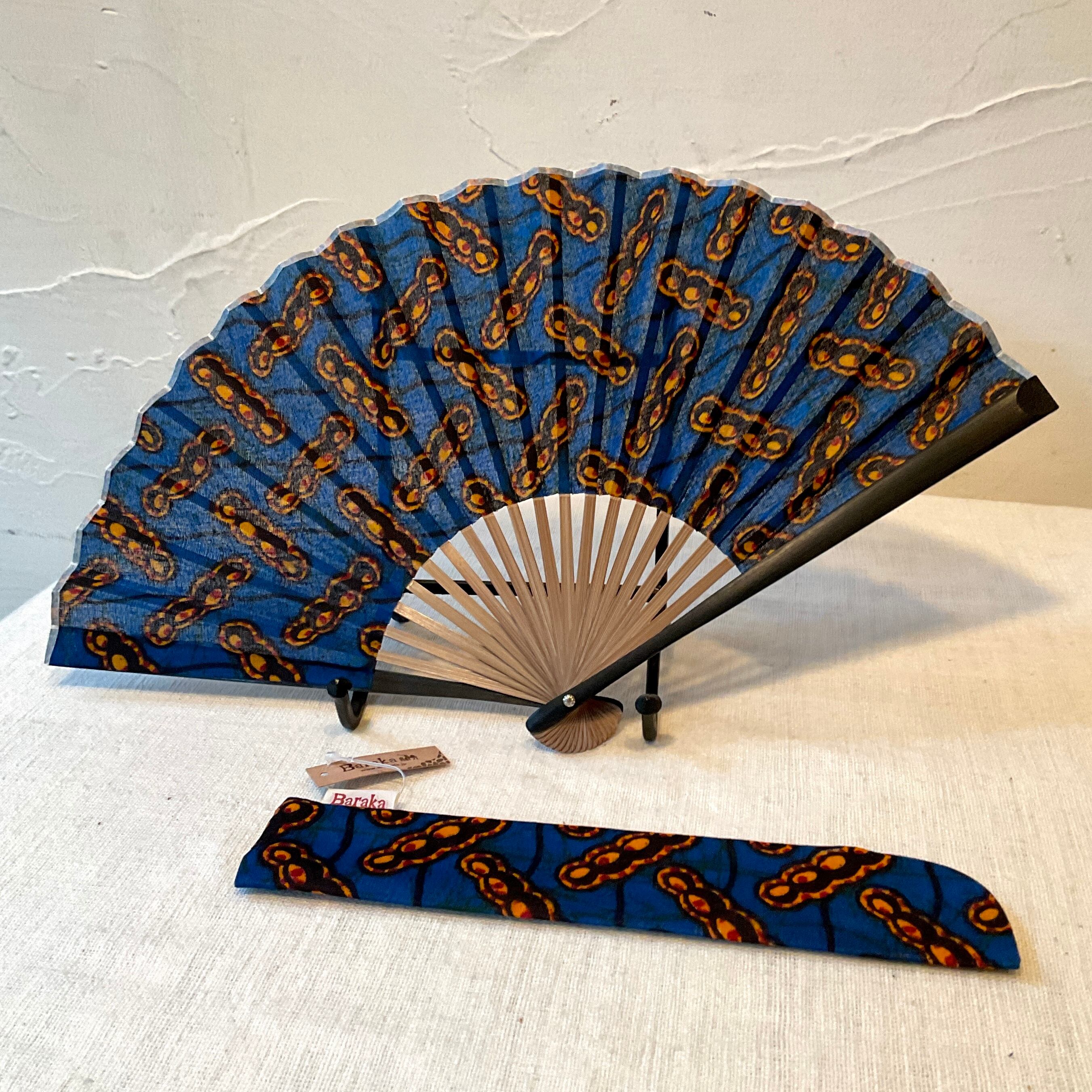 【バラカ】キテンゲ扇子(ブルー×オレンジ)