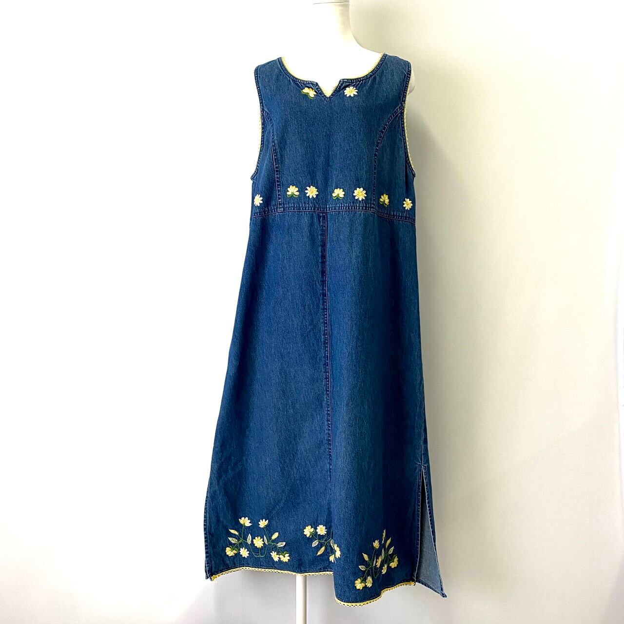 デニム 花柄刺繍 ノースリーブ ロングワンピース レディースXL 古着