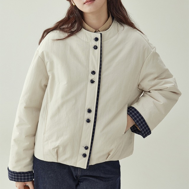 contrast button collarless jacket