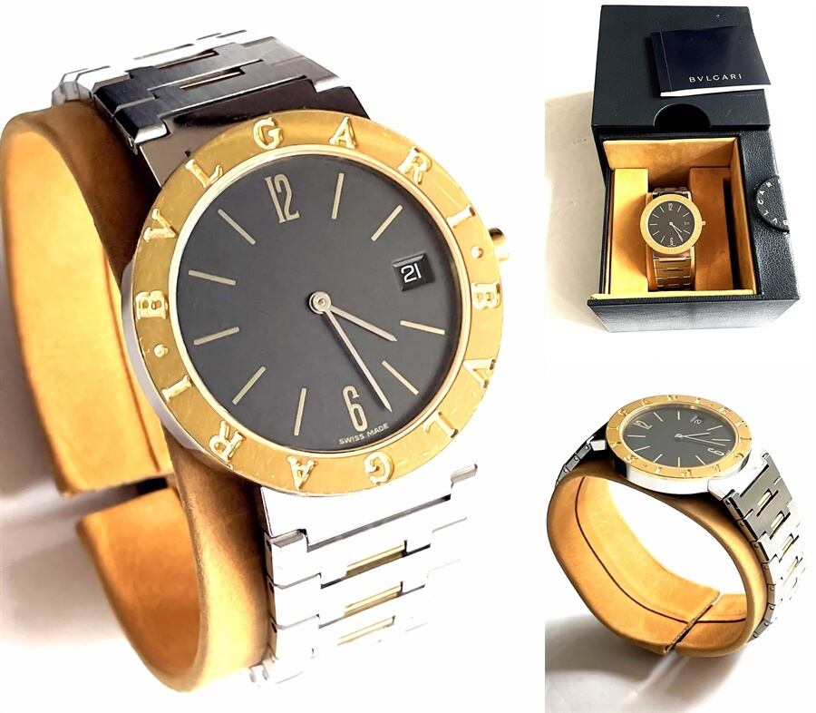 BVLGARI ブルガリ K18YG 750 SS ブルガリブルガリ BB33SGD クォーツ デイト 時計 メンズ 純正 ベルト 黒文字盤
