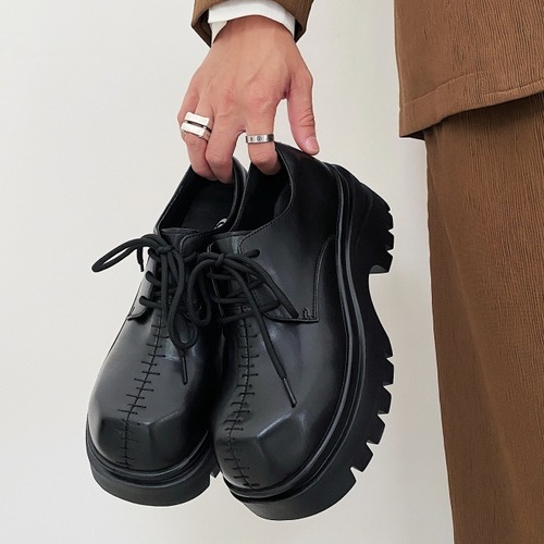 【予約販売】ローファー シンプル ベーシック メンズ ゴツ底 7cm モノトーン 厚底 靴 ブラック 黒  デザイン お洒落 カジュアル 結婚式 シック 通勤 韓国 24cm/24.5cm/25cm/25.5cm/26cm/26.5cm/27cm