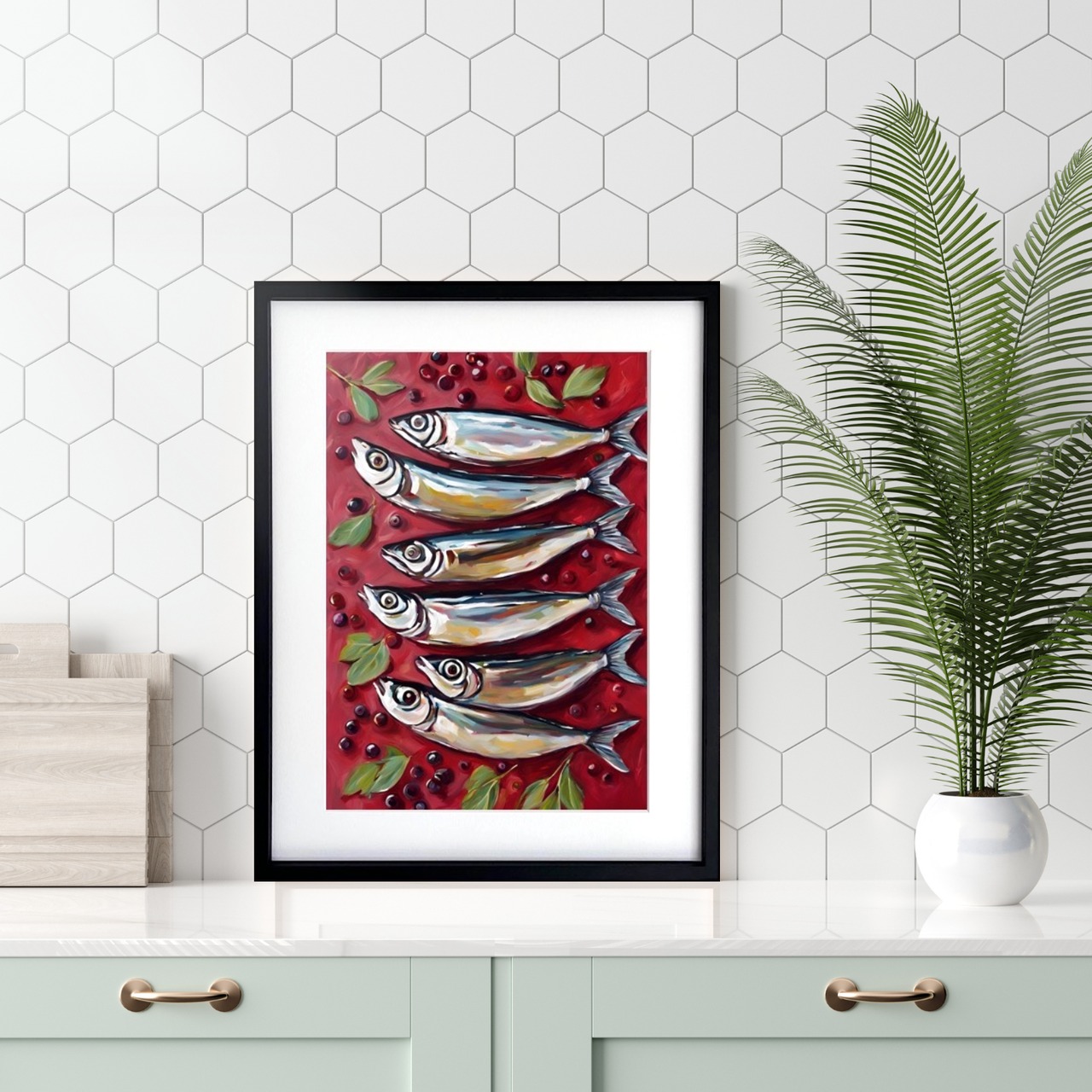sardines｜可愛いイワシを並べたユニークなコンテンポラリーアートポスター｜キッチンやダイニングを彩る食アートインテリア｜北欧風モダンにも相性抜群A3ポスター