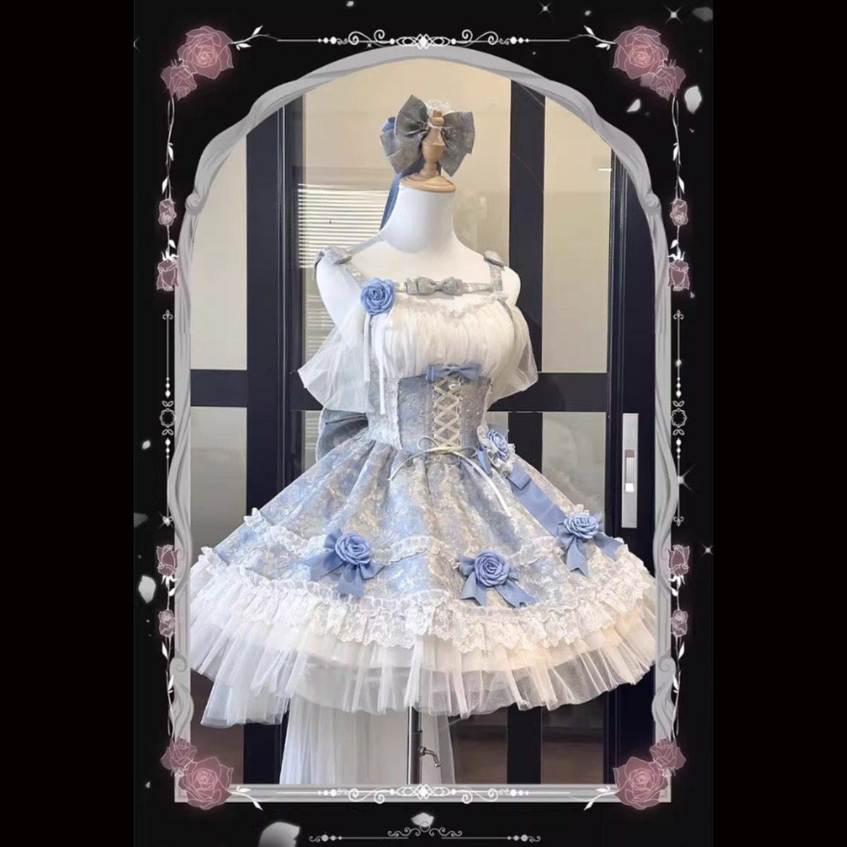 甘ロリ スカート コルセット風 花柄 バックリボン ロングテイル