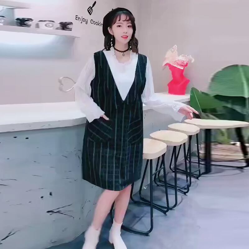 スプリングスタイルレース格子柄ドレス 大きめサイズ 春物 ステッチ ミックスインファッション76828862952