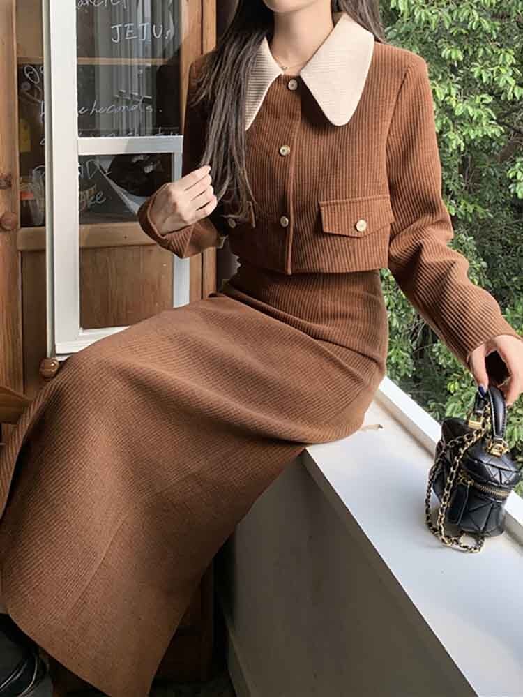 襟付きジャケット×ミモレ丈スカート コーデュロイセットアップ お呼ばれ 上品 レトロ デカ襟 バイカラー 大きいサイズ 韓国 CH8215