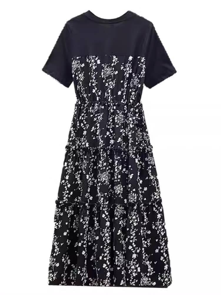 夏のヘビロテワンピ 花柄ティアードドッキングワンピース 半袖 花柄