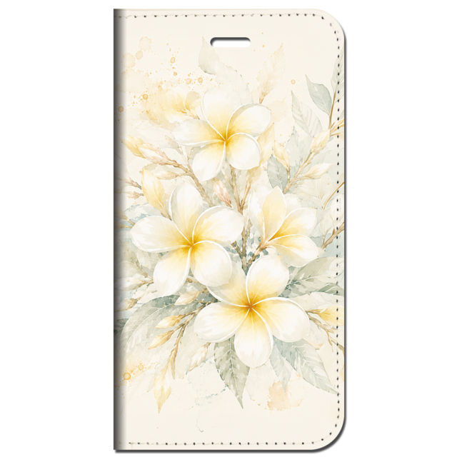 iPhone対応 スマホ 手帳型ケース 夏 プルメリア 水彩 くすみカラー ゴールド 大人花柄 上品 リゾート 透明水彩 ゴールドしぶき エレガント 淡色 大人可愛い スマホケース スタンド 【iPhone17 / iPhone16e / iPhone16 他 iPhone各機種対応】 |iasmnu12
