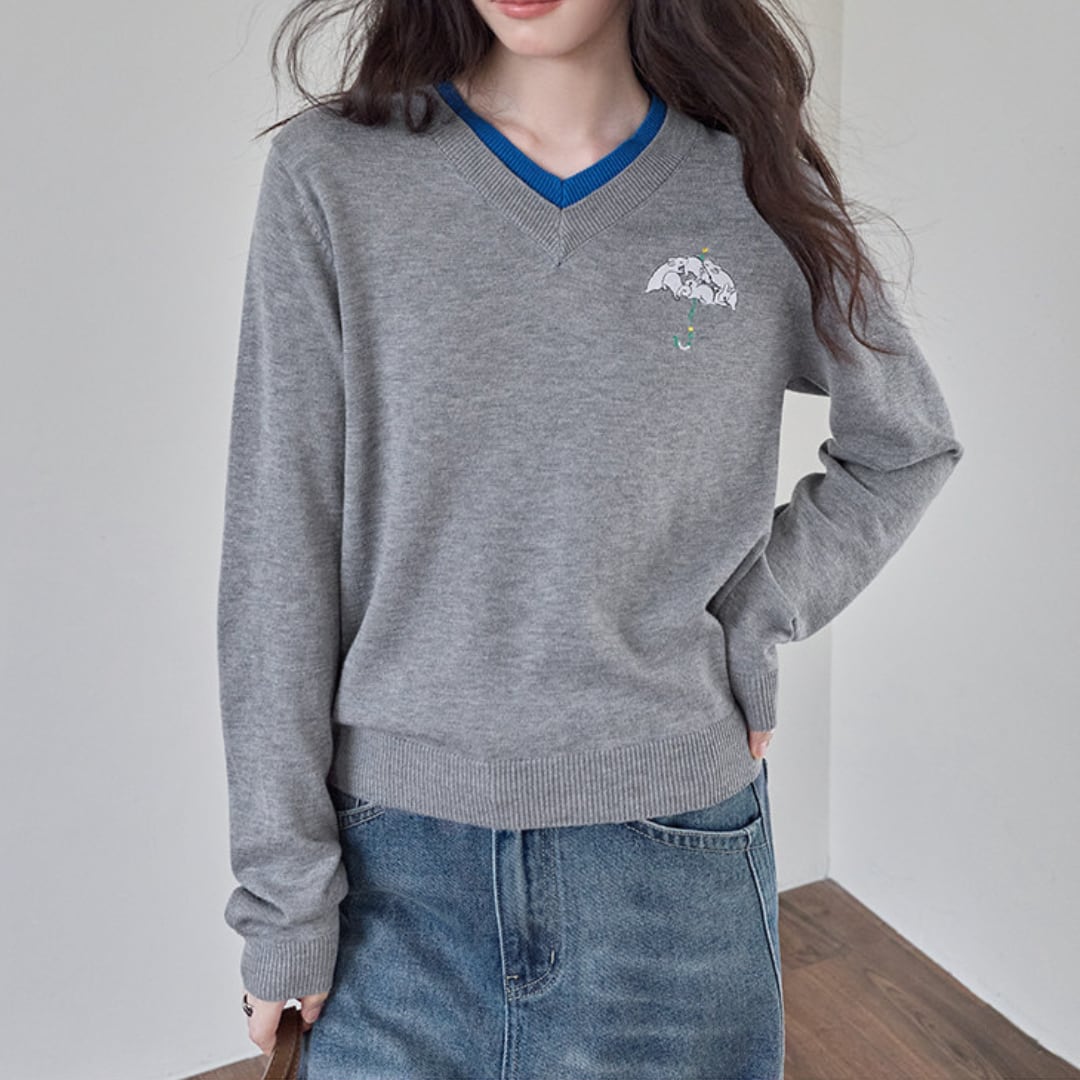 fake layered v neck knit pullover