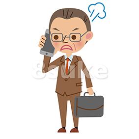 イラスト素材：スマートフォンで通話する中年のビジネスマン/怒った表情（ベクター・JPG）
