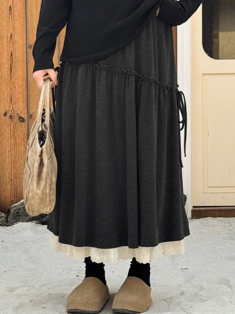 ゆるっと隠してちゃんと可愛い アシンメトリー切替ティアードスカート ウエストゴム 大人 可愛い おしゃれ デート 体型カバー 大きいサイズ 韓国 CH11388