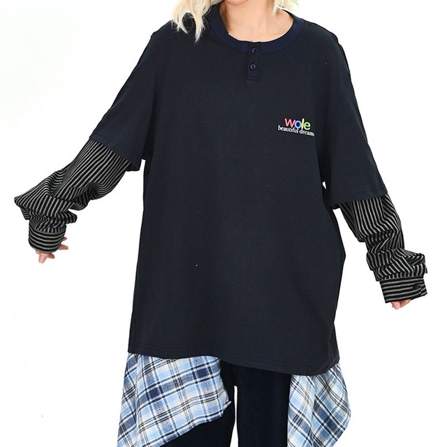 レイヤードストライプスリーブヘンリートップス 1col   R01682