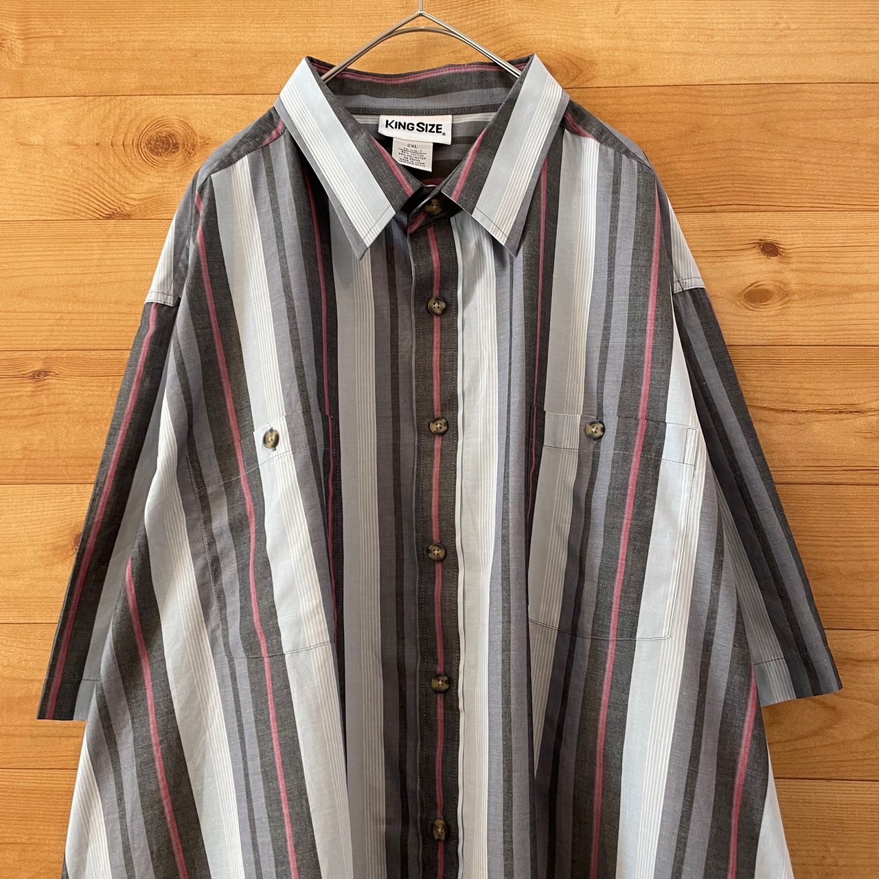 【KING SIZE】マルチカラー マルチストライプ 半袖シャツ 2XL オーバーサイズ US古着