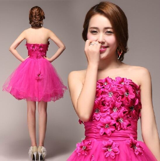 ローズピンク カラードレス ベアトップ 光沢サテン ファスナー 優雅な  