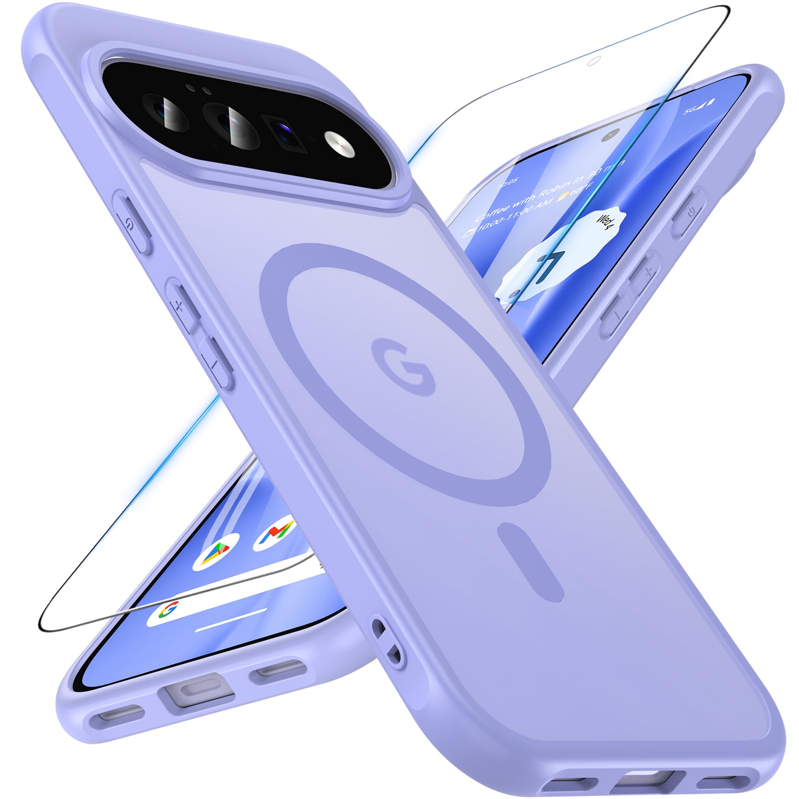 OWKEY Google Pixel11 ケース Pixel11 Pro ケース 両機種対応 MagSafe対応 ガラスフィルム付き 半透明 パープル