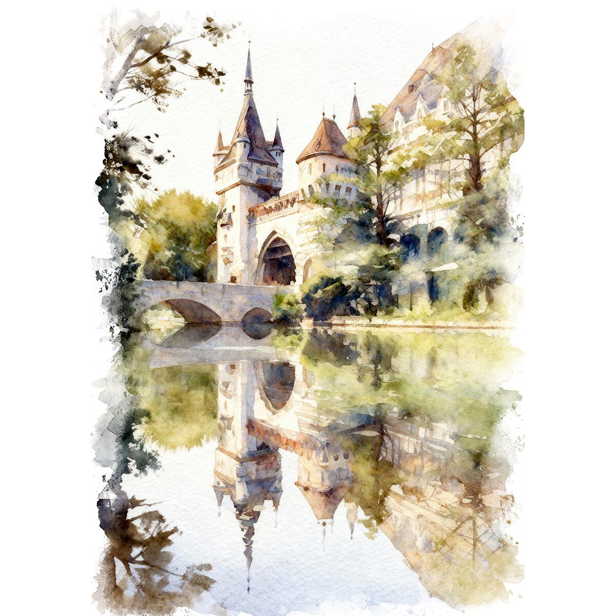 絵画 風景画(街並み) ハンガリー ブタペスト ヴァイダフニャディ城 インテリアアート額付き 水彩画・油絵風 WAT1057