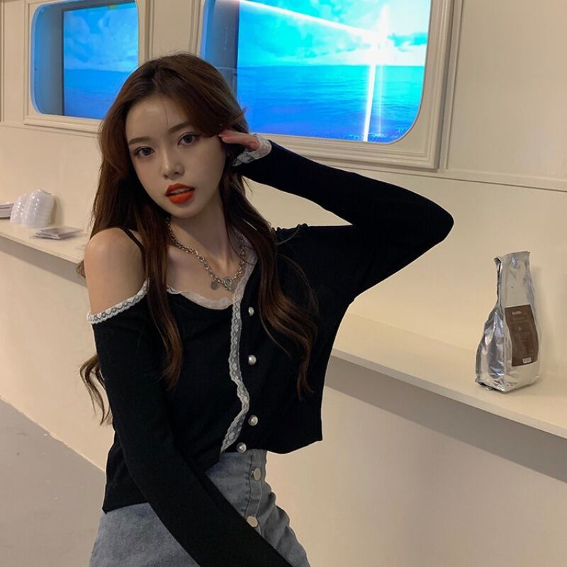 ステッチレースニットカーディガンレディース2020年秋新作長袖オフショルダーデザインセンスショートインナーベーストップ ブラックストロベリース74428998615