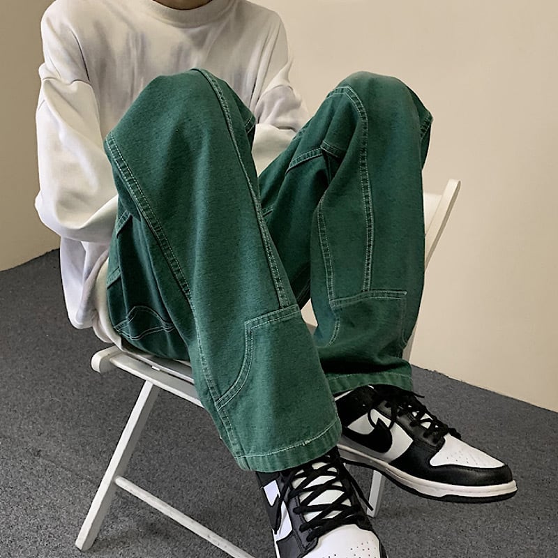 カラーパンツで トレンド感up カラー デニムパンツ ワイドパンツ カジュアル グリーン メンズライク 韓国っぽ ストリート カラーコーデ Y2k だぼかわ 古着っぽ Lamitte Deco トレンド 韓国ファッション ショップ Base店