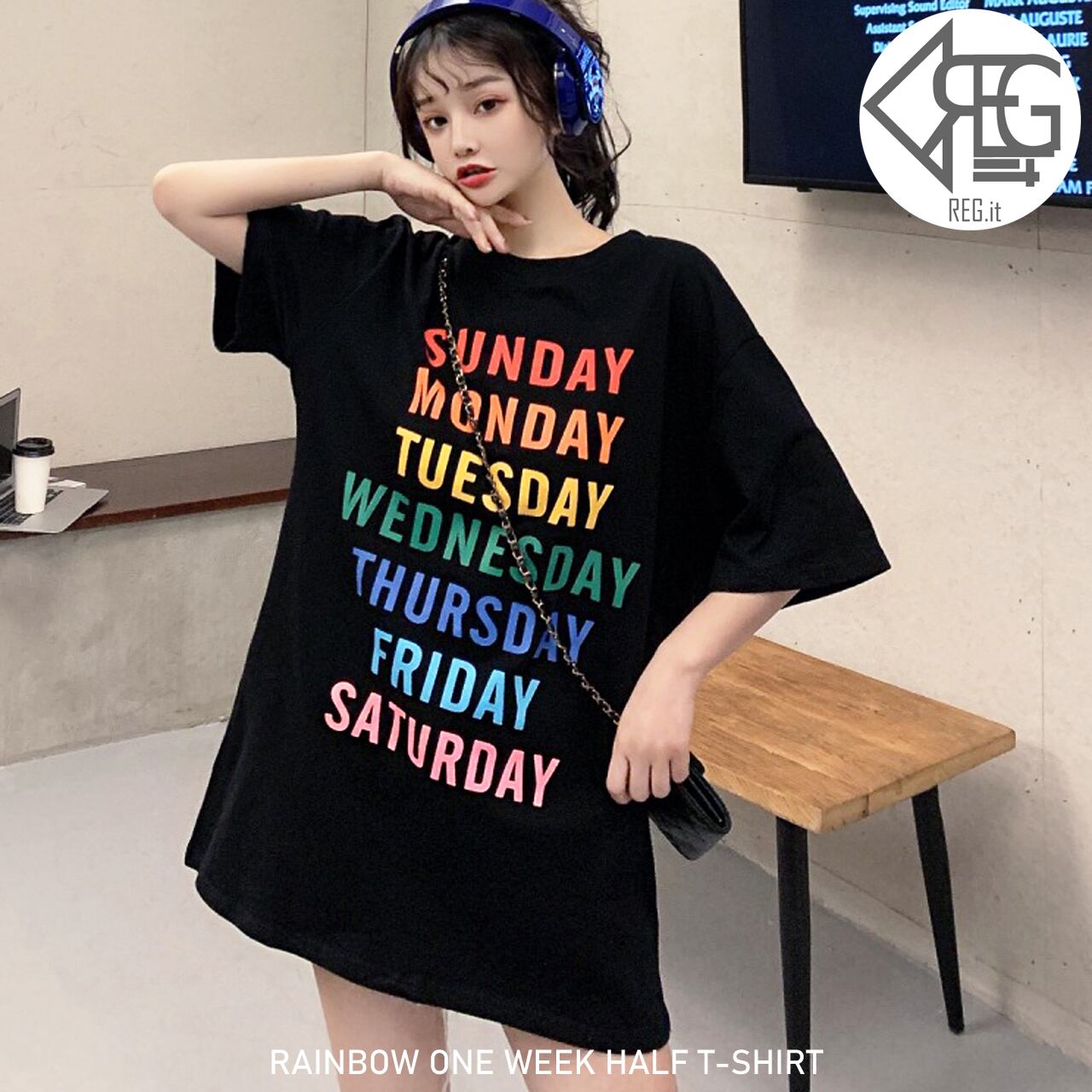 Regit Rainbow One Week Half T Shirt Black S S 韓国服 トップス 半袖 ｔシャツ カットソー 夏 オーバーサイズ メンズライク ユニセックス 男女兼用 レインボー 10代 代 プチプラ 着回し 着映え ネット通販 Tpt040 Regit