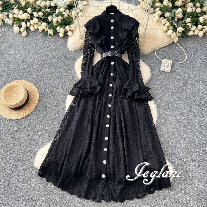 2色 フリル レース 刺繍 ワンピース ビジュー クラシカル(MB412)ζ