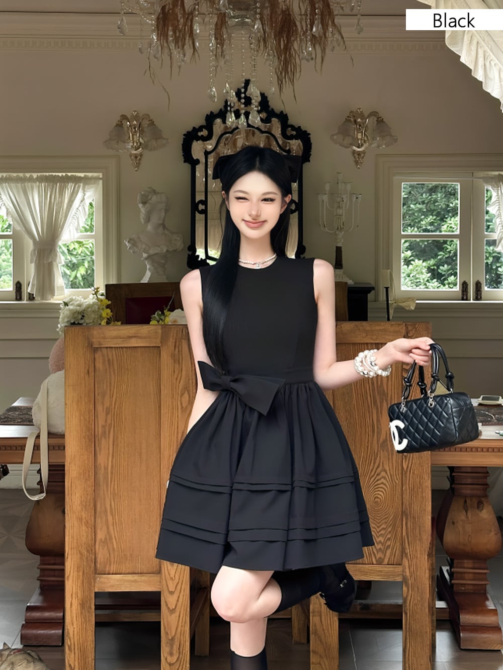 サイドビッグリボンアタッチメントノースリーブワンピース | 韓国/ワン