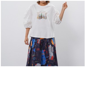 SALE！バッグモチーフ刺繍レーススリーブプルオーバー・パールアクセント/M～L