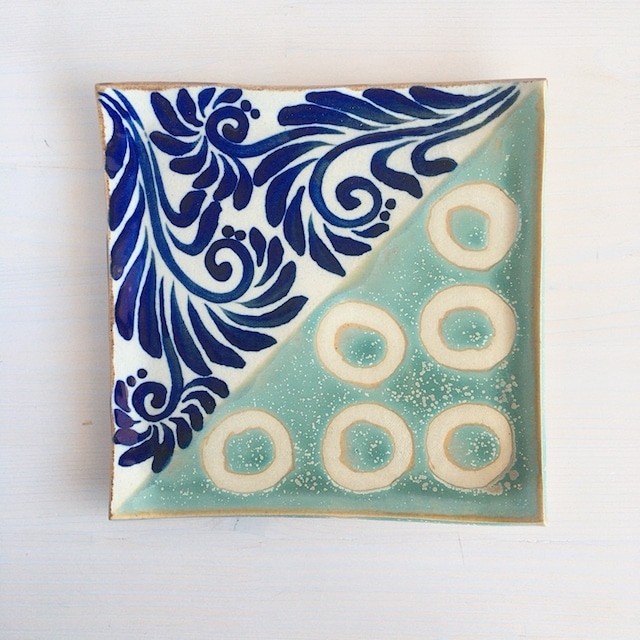 尚工房　角皿  青唐草×ドット（水色）