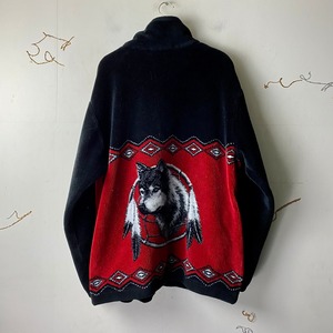 old black×red native pattern fleece jacket “wolf”