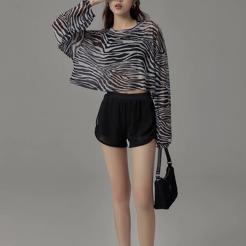 水着 レディース 3点セット ゼブラ柄 ショートパンツ 長袖 プール 日焼け対策 オーバーサイズ プール 体型カバー ハイウエスト ママ 体型カバー 総柄 ybh1671