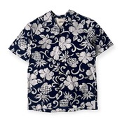 90s HAWAII製 Chunon Brillante TWO PALMS チュノンブリランテ トゥーパームス コラボ ハイビスカス ハワイアン アロハシャツ Sサイズ/ネイビー×ホワイト メンズ 別注