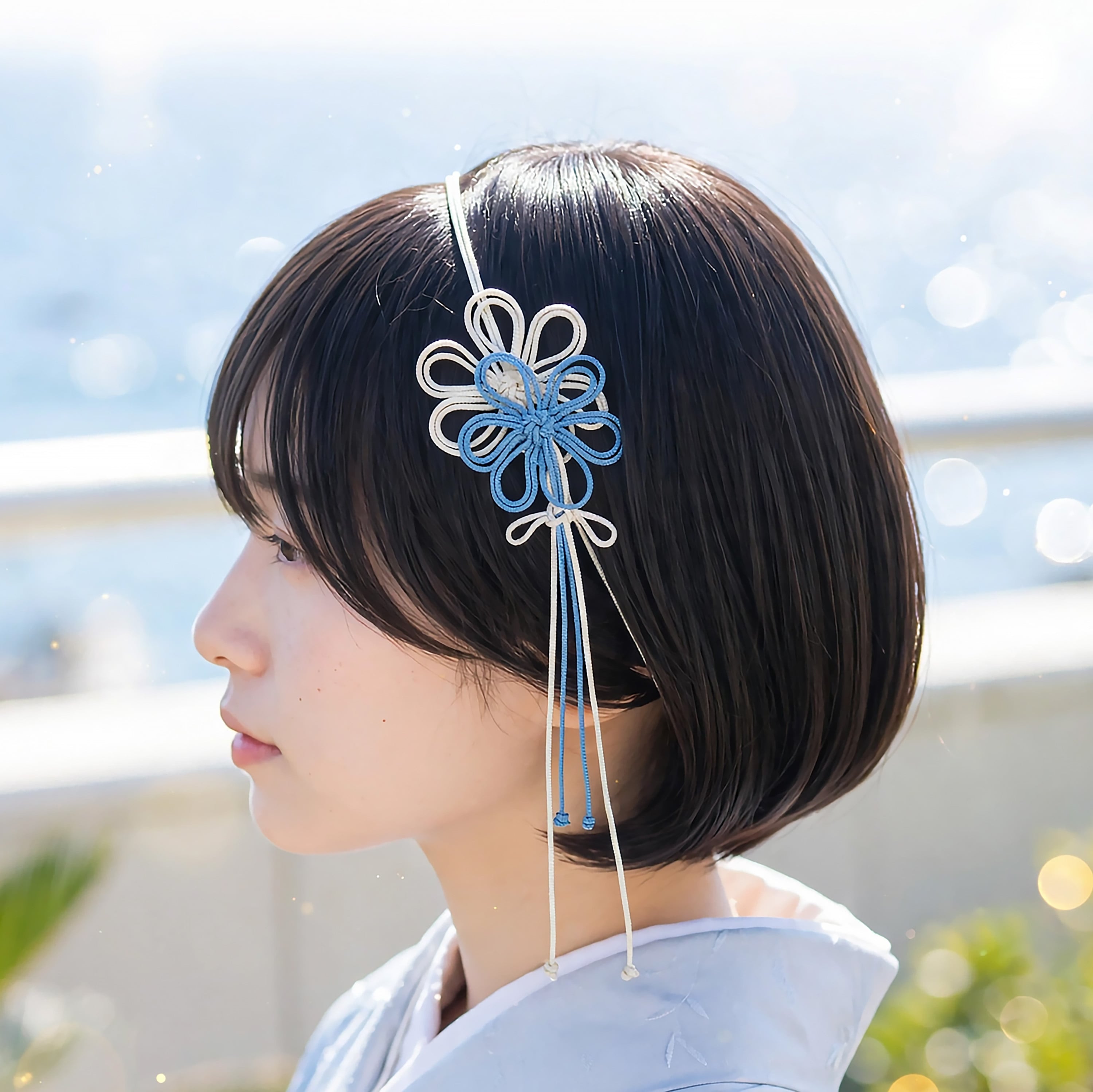 飾り結びカチューム「冴エウタフ爽」(アイボリー×縹)【軽量・簡単】浴衣や着物、日常使いにも。