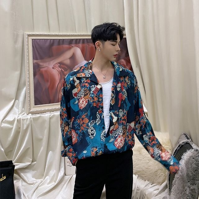 予約販売】シャツ 長袖 カラフル プリント柄 メンズ レトロ オーバー  