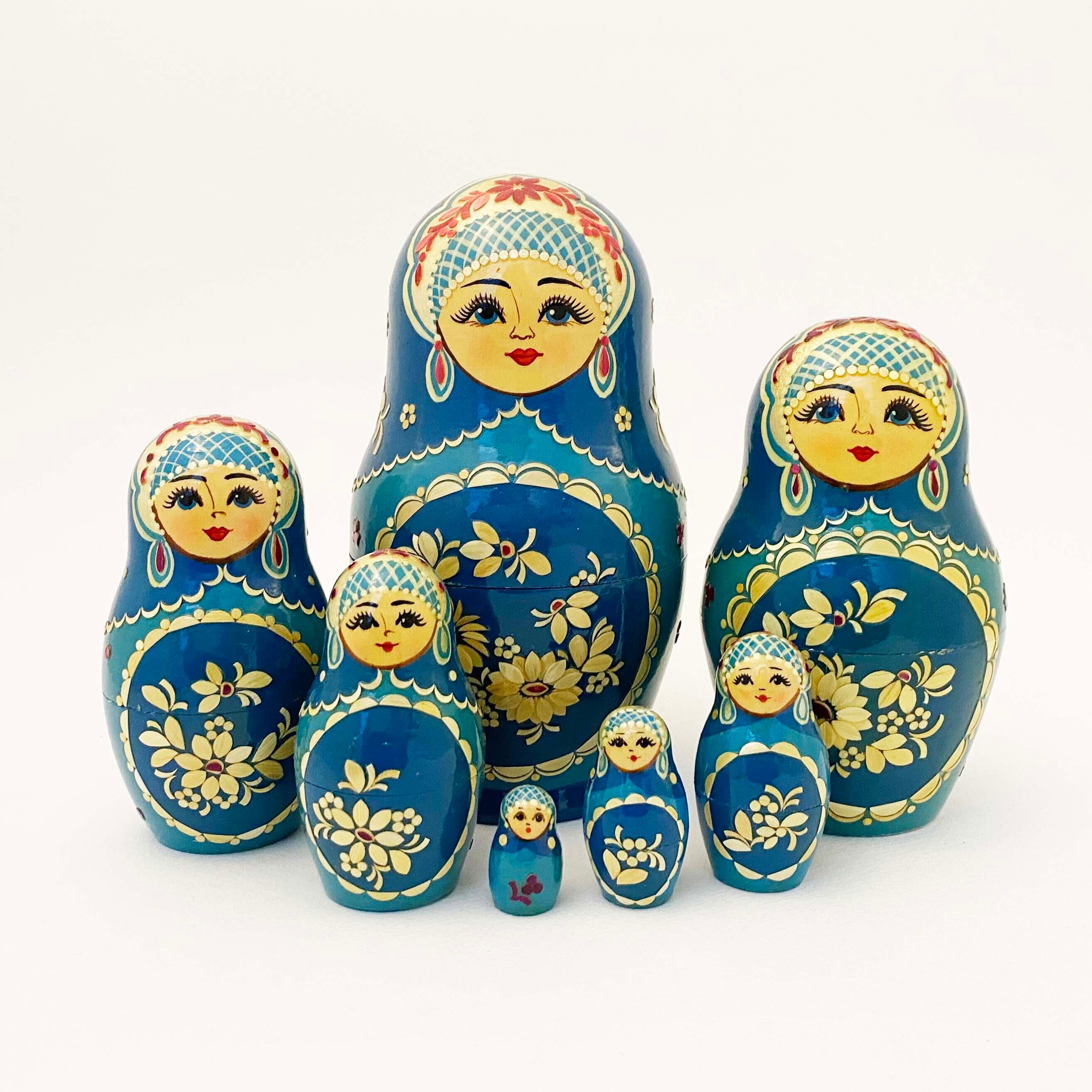 麦わらノーリンスク産マトリョーシカ / 青い伝統衣装7個組