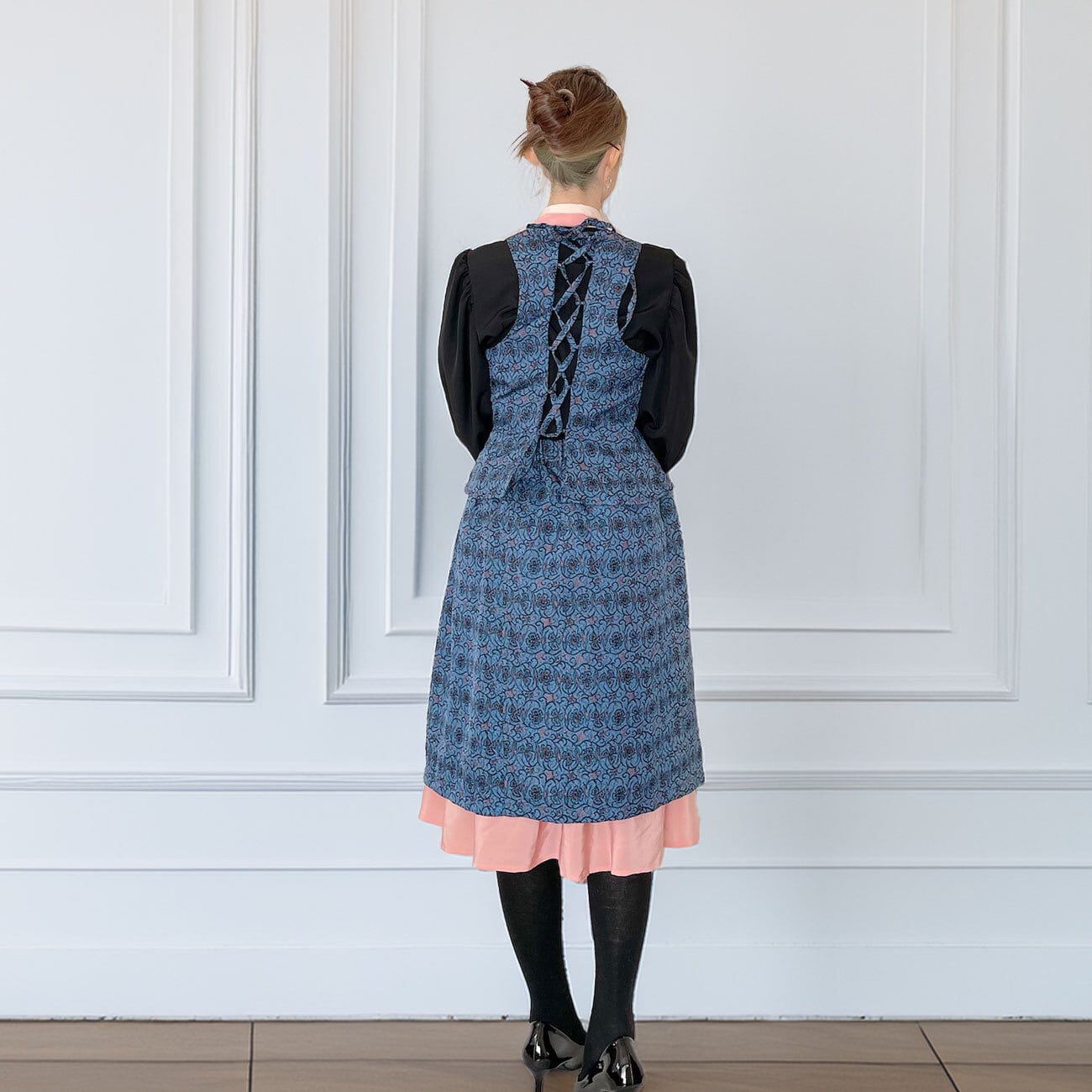 着物リメイク 大島紬 ロングフレアワンピース（前後ろVネック）着丈117