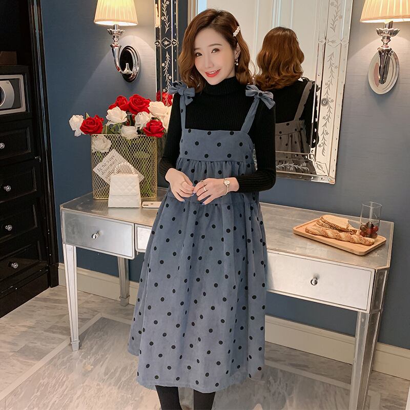 【新作】【送料無料】 マタニティウェア2019秋冬新作タートルネックボトミングシャツ+水玉コーデュロイサスペンダースカートツーピース妊婦-アリババ オータム 秋物 ウィンター 冬物 expec281844187468