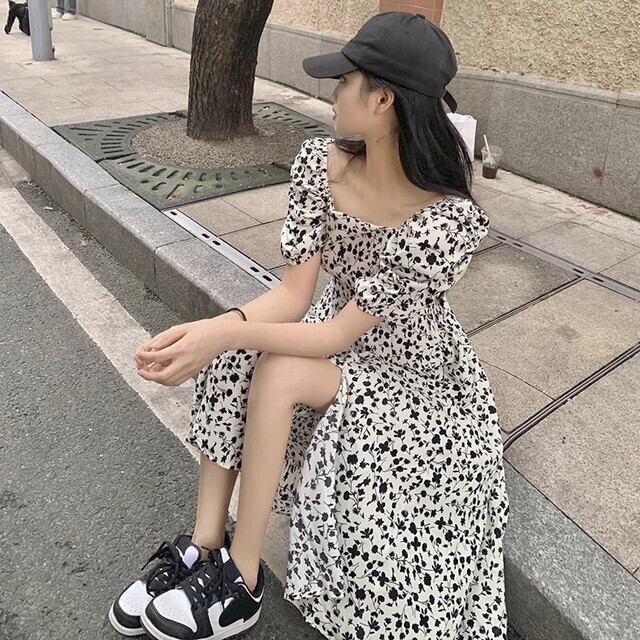 ワンピース レディース ミディ丈 ひざ下丈 半袖 パフスリーブ 花柄 フラワープリント 春夏 旅行 デート お出かけ 可愛い おしゃれ フレア 大きいサイズ M/L/XL/2XL/3XL/4XL