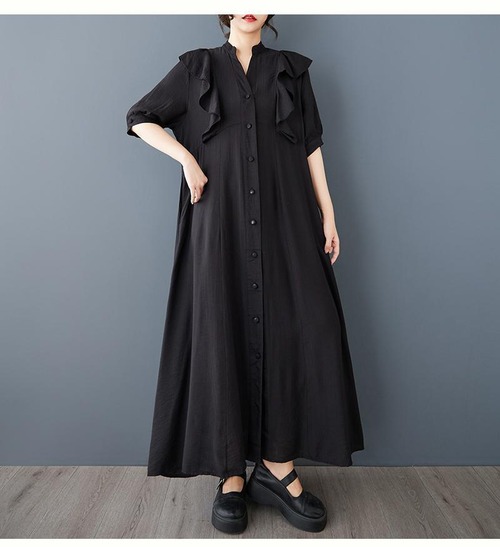 ロング　ワンピース　フリル　大きいサイズ レディース 春夏　 新品 半袖　シャツ