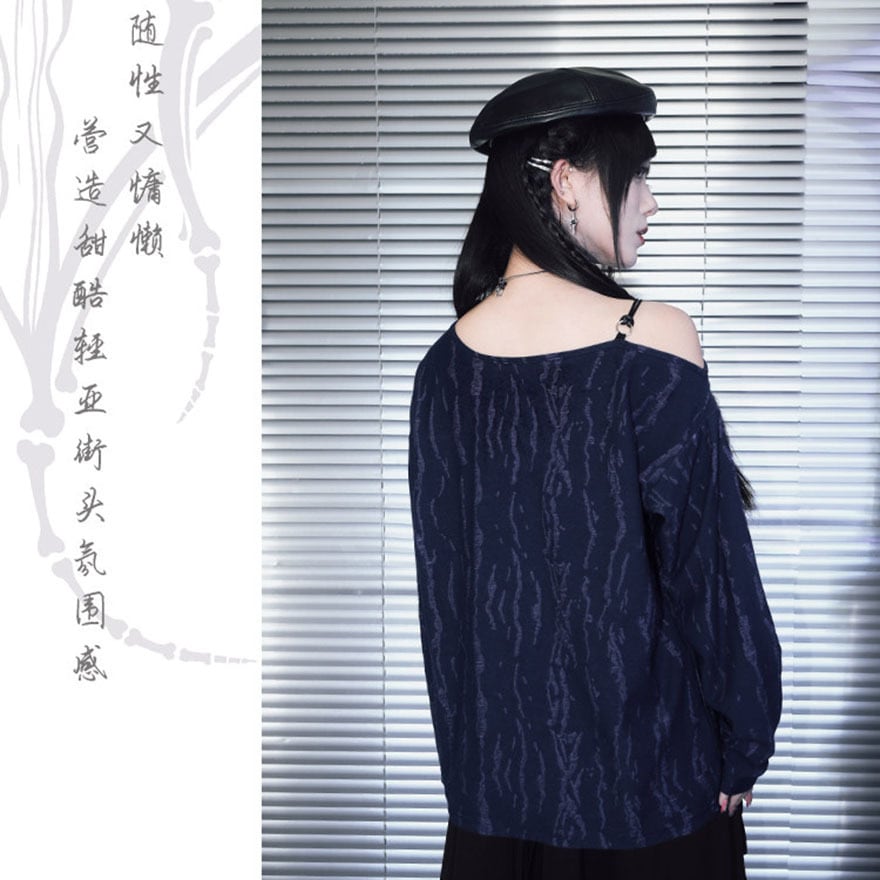 深淵に潜むアイリス 破洞ダメージのサブカル地雷系露肩長袖Tシャツ