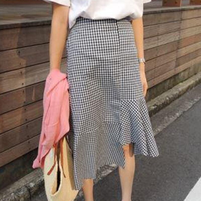 ギンガムチェック・アシンメトリーミモレ丈スカート