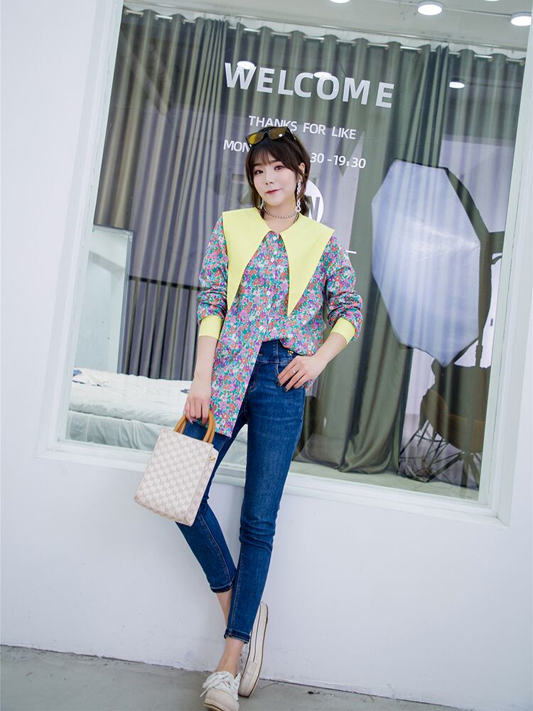 スプリングフローラルシャツ スタンダードスタイルトップス ロング レトロ 大きめサイズ 春物 花柄 ミックスインファッション48414271159