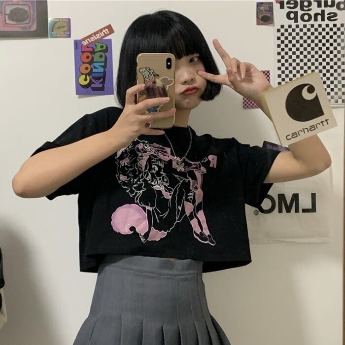 レッドショートスタイルスタンダードプリントTシャツ シャツ ルーズカジュアル レトロ かわいい ケッペル87776539307