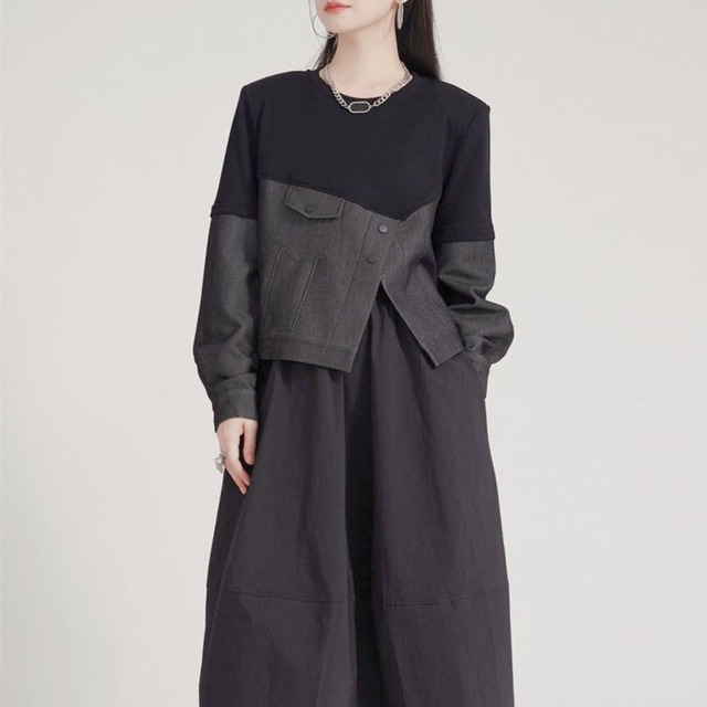 Bicolor denim switch design sweat top C0935