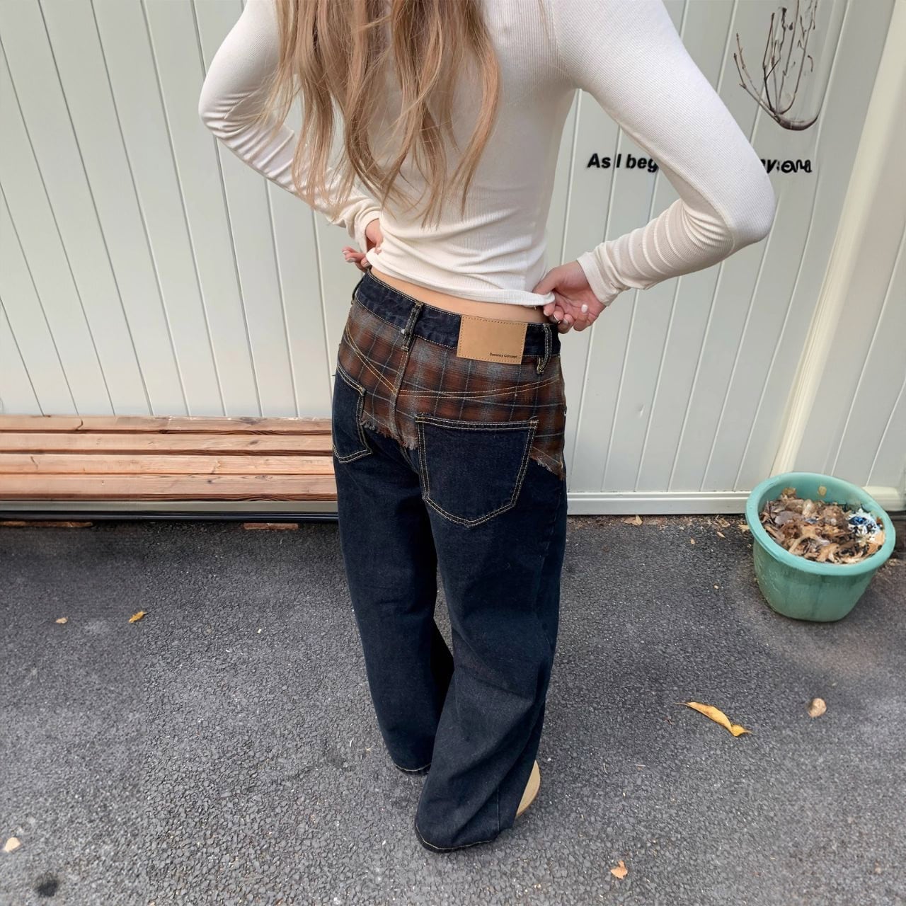 チェックパッチワークバギーデニム R00855